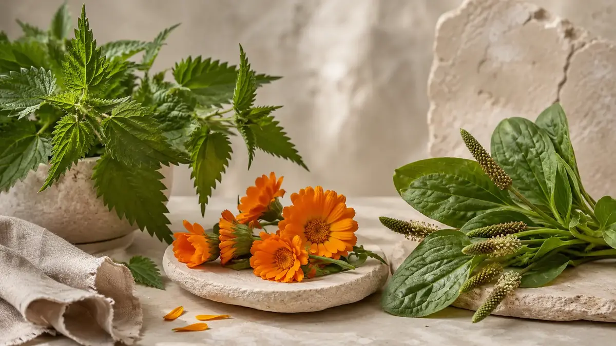 Ortie, calendula et plantain associés dans une routine de soins naturels pour la peau