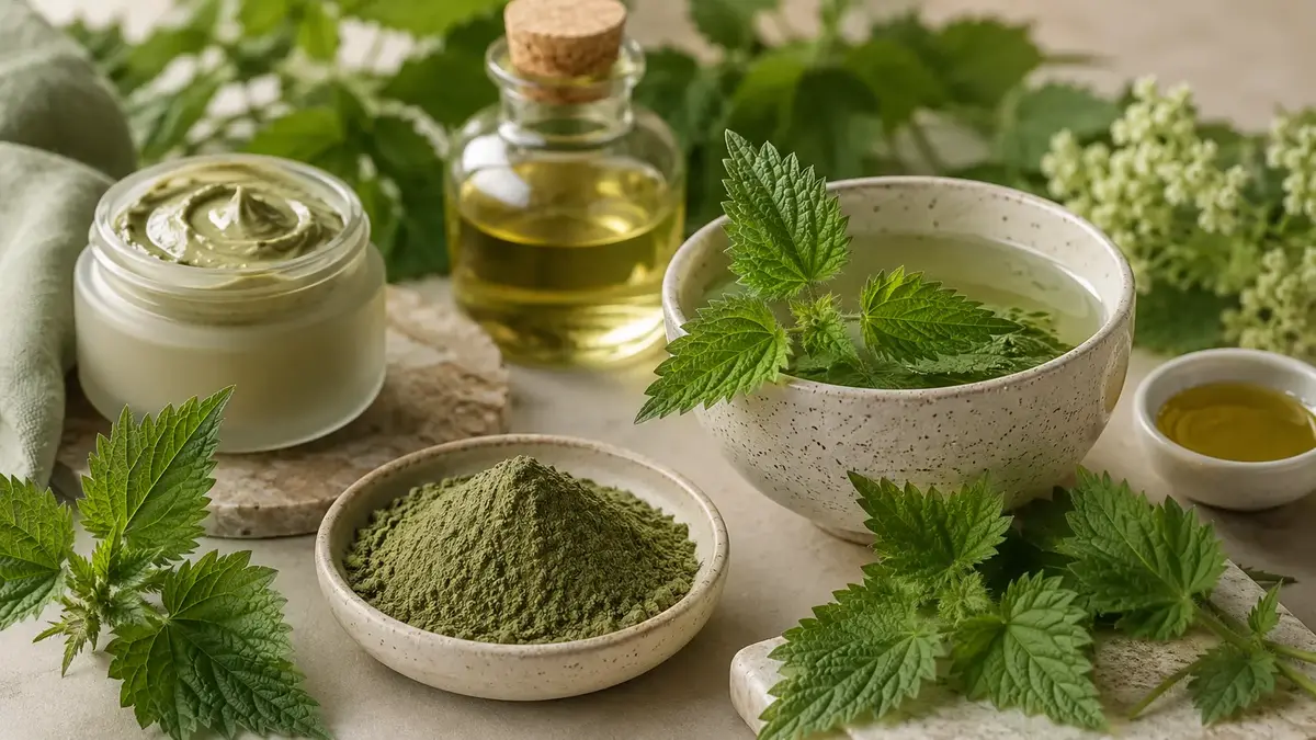 Ortie pour la peau avec poudre verte, huile végétale et soin botanique naturel