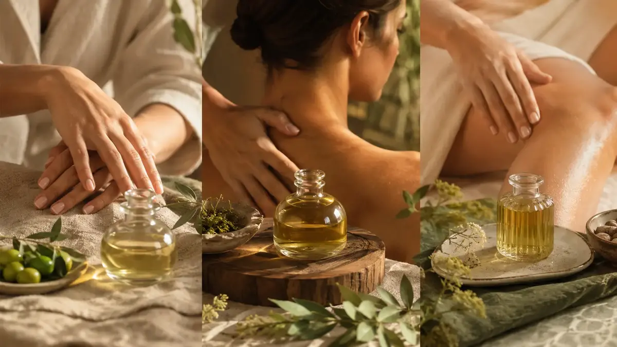 Choisir une huile de massage selon le geste avec différentes applications sur les mains, la nuque et les jambes