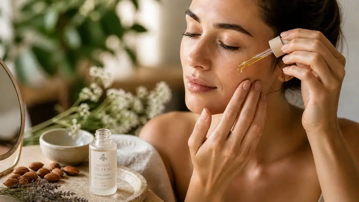 Application d’une huile végétale sur le visage avec pipette et flacon ouvert Rosée de Peau dans une routine de soin naturelle