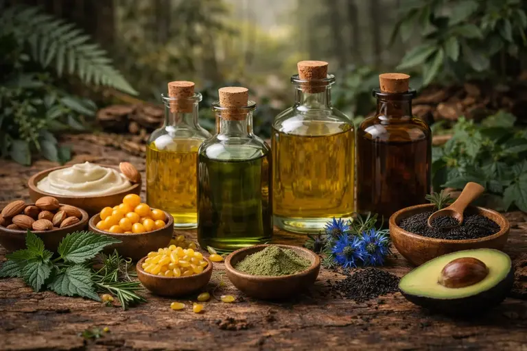 huile végétale selon son type de peau avec amande, avocat, graines, plantes et flacons en verre