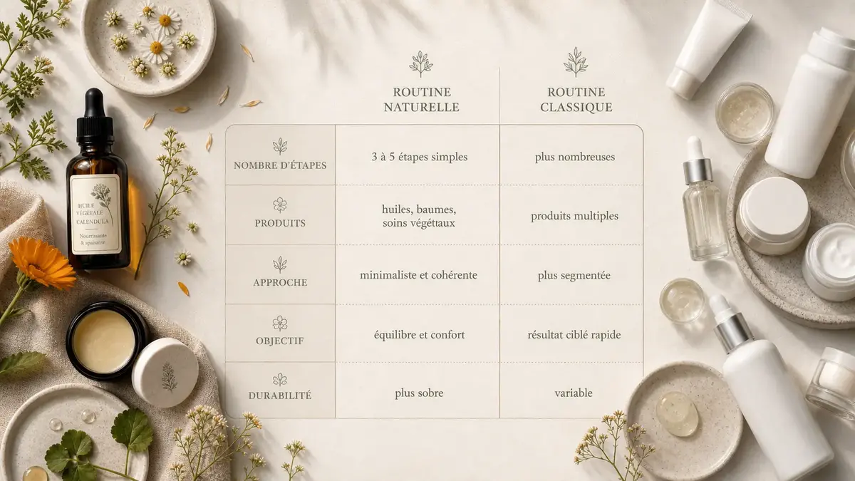 Comparatif routine visage naturelle vs routine classique avec soins végétaux minimalistes et cosmétiques conventionnels