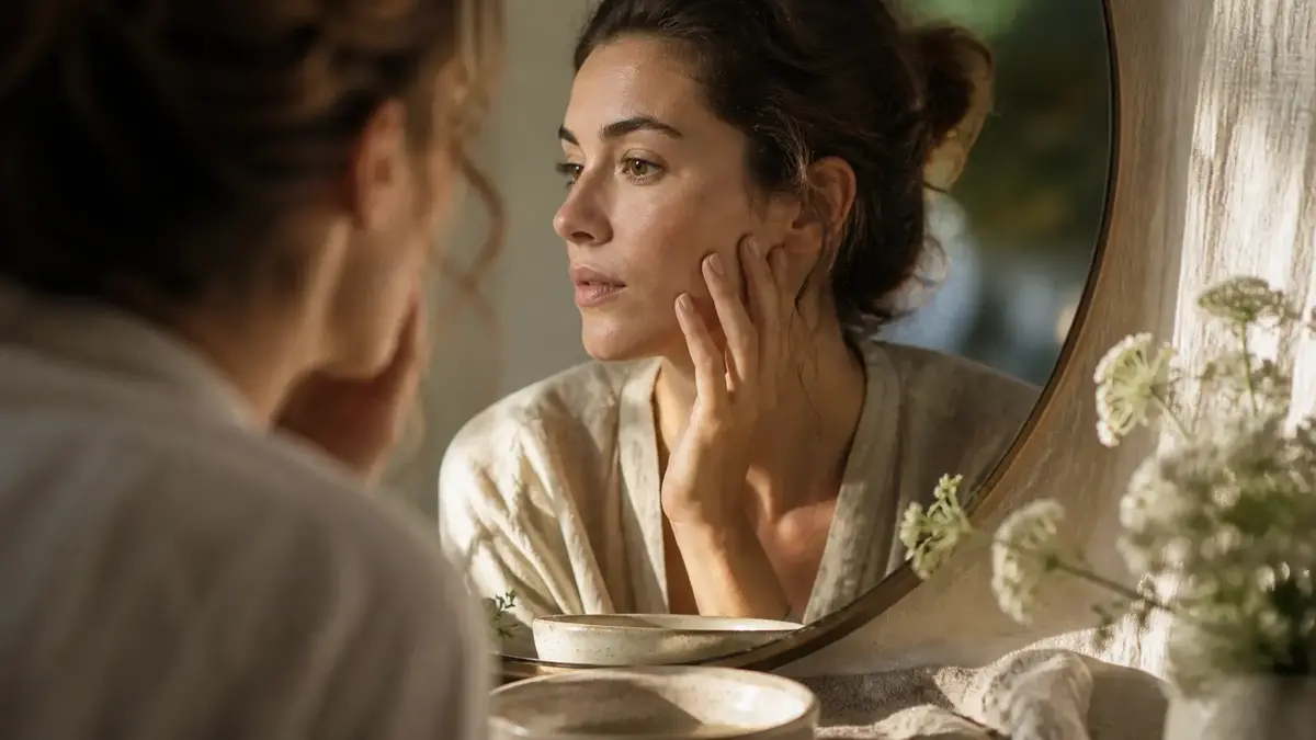Observer sa peau dans le miroir pour comprendre ses besoins avant de choisir une routine visage naturelle