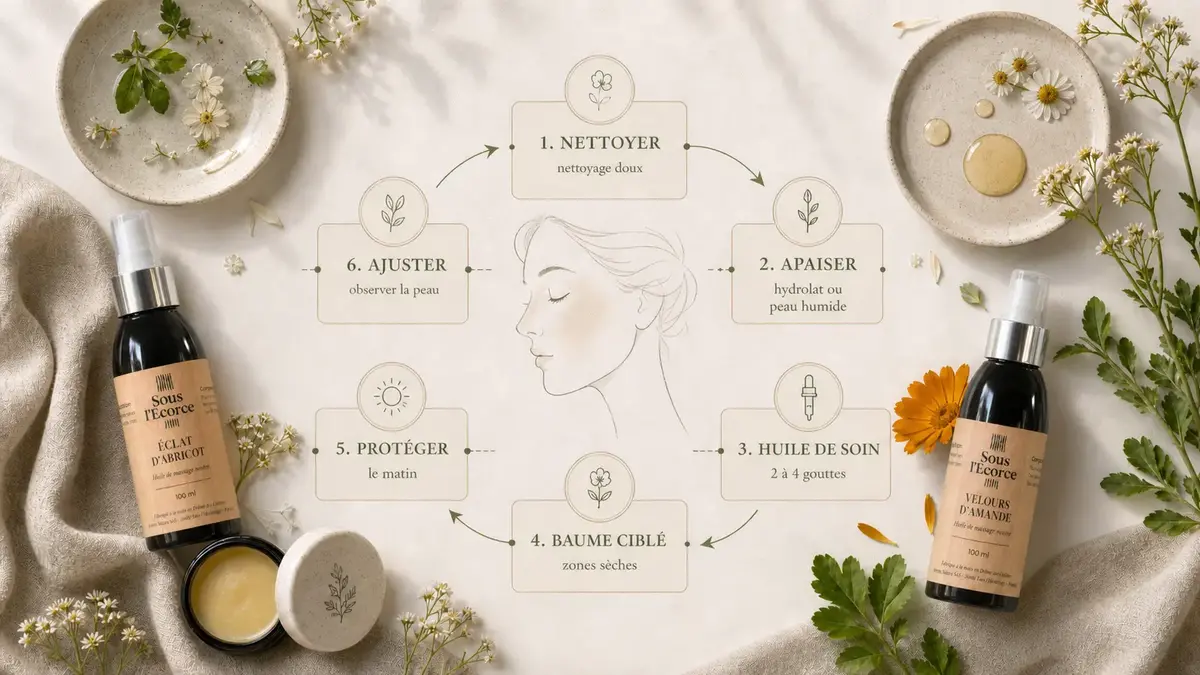 Étapes d’une routine visage naturelle avec nettoyage doux hydrolat huile de soin baume ciblé et protection