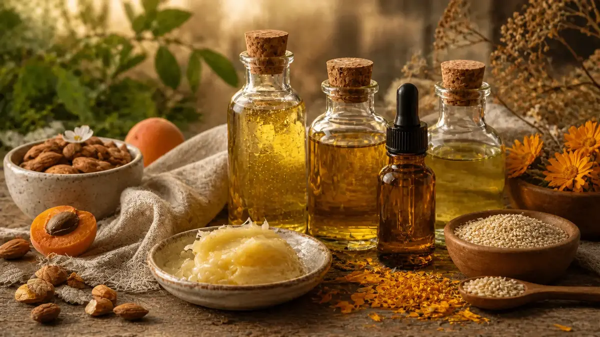 Huiles végétales nourrissantes pour peau sèche avec amande, abricot, textures riches et ingrédients naturels dans une ambiance chaleureuse