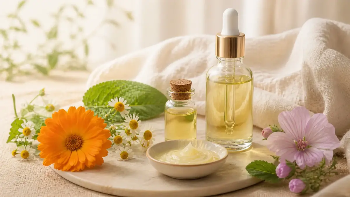 Routine douce avec huile végétale, brume, serviette et fleurs pour peau sensible ou peau déshydratée dans une ambiance apaisante