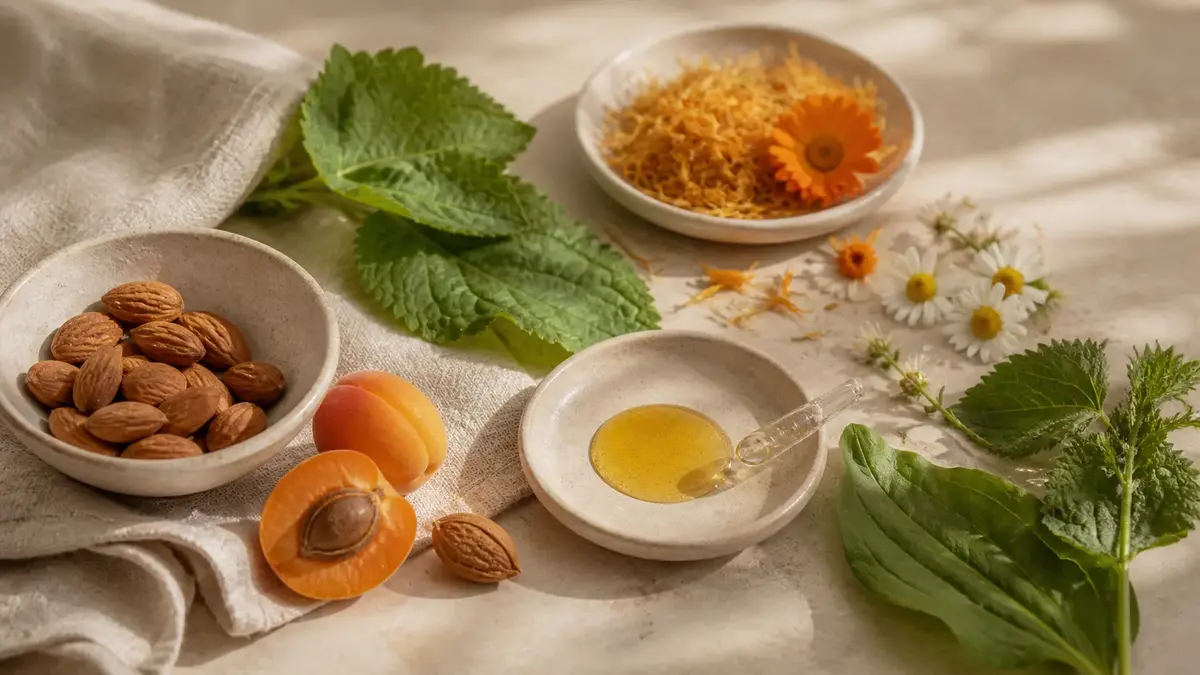 Ingrédients naturels pour routine visage avec huiles végétales plantes calendula camomille et amandes