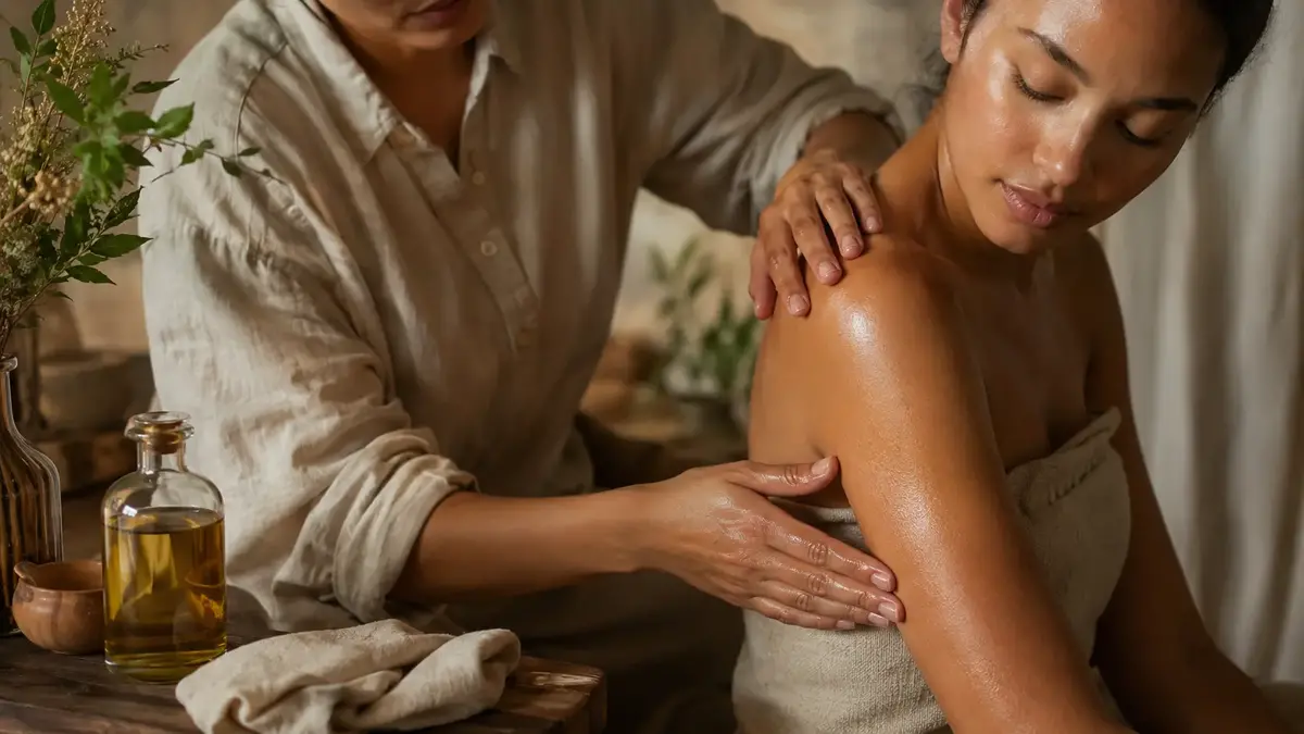 Massage lent sur bras et épaules avec huile naturelle dans une ambiance douce et relaxante