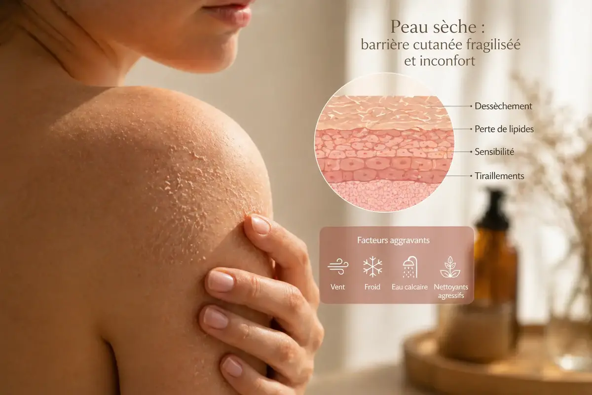 Peau sèche inconfort tiraillements après la douche, barrière cutanée fragilisée froid vent routine naturelle