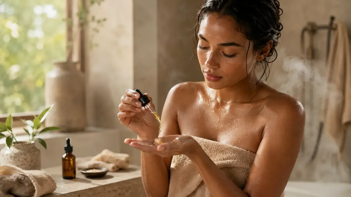 Rituel après douche avec huile de soin naturelle versée dans la main sur peau encore légèrement humide