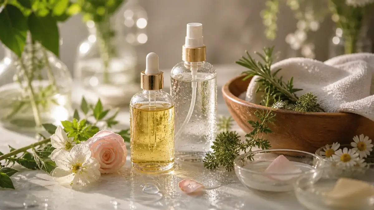 Routine naturelle avec huile végétale, baume, fleurs et soin doux dans une ambiance lumineuse premium