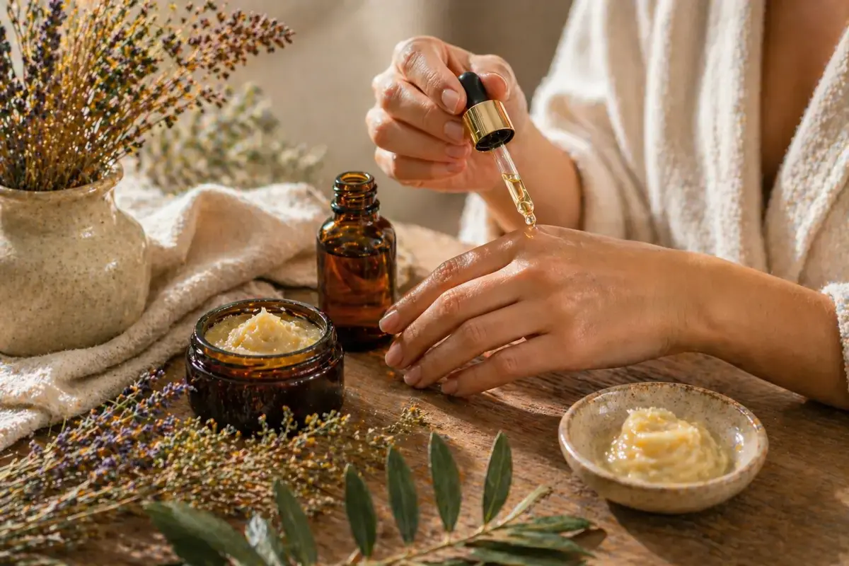 application huile et baume naturel sur peau sèche routine soin nourrissante geste quotidien