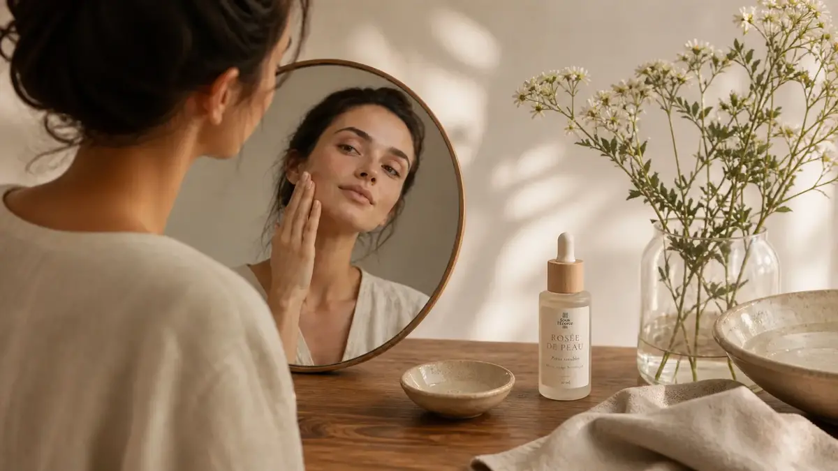 Routine visage naturelle avec huile visage rosée de peau geste quotidien soin doux et ambiance apaisante