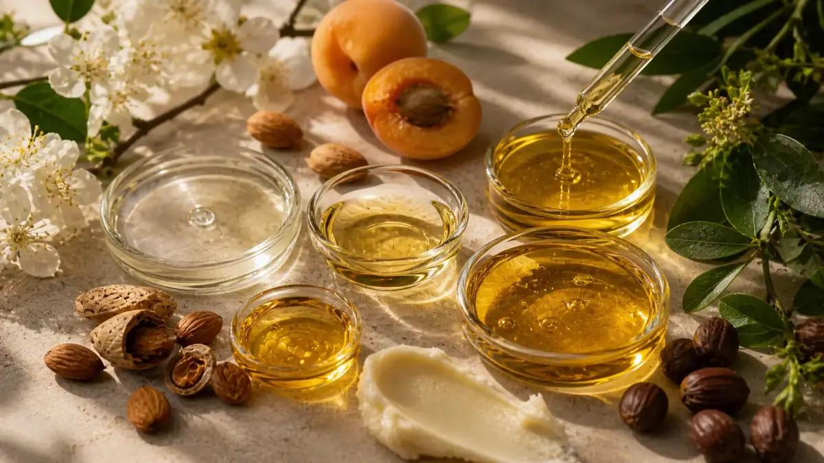 Différentes huiles végétales avec graines, fleurs de calendula, abricot, amandes et textures de soin dans une ambiance apothicaire premium