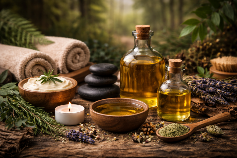 Huile de massage naturelle avec plantes et huiles végétales dans un décor forestier apaisant