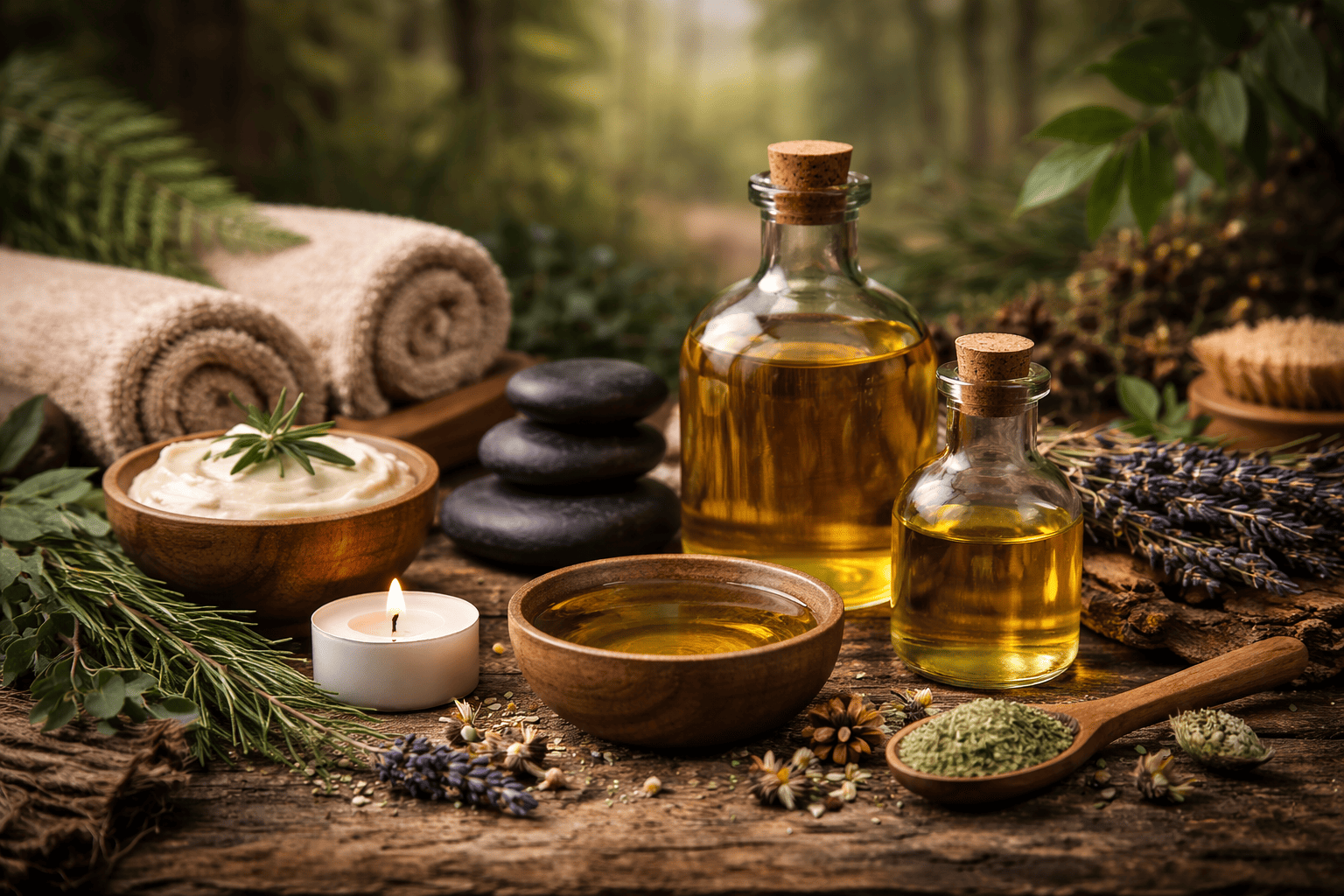 Huile de massage naturelle avec plantes et huiles végétales dans un décor forestier apaisant