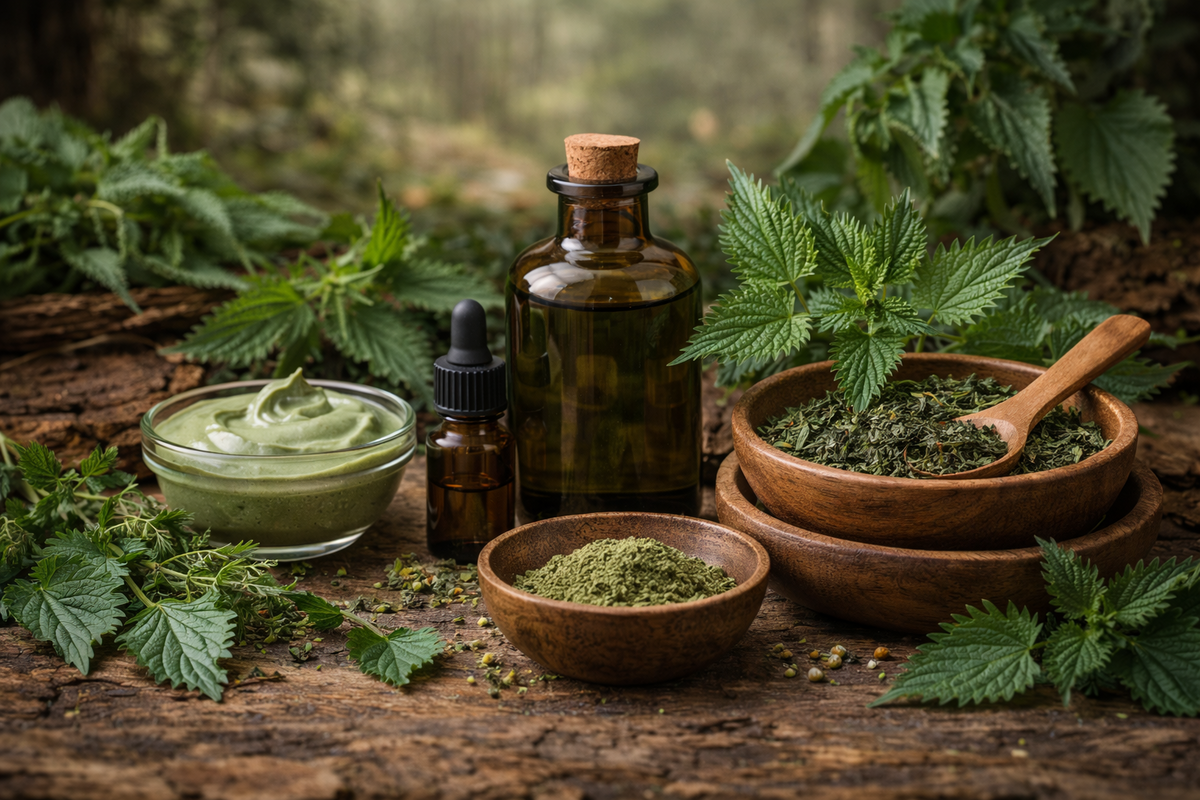Bienfaits de l'Ortie pour la peau avec feuilles fraîches, poudre et soin naturel dans un décor végétal