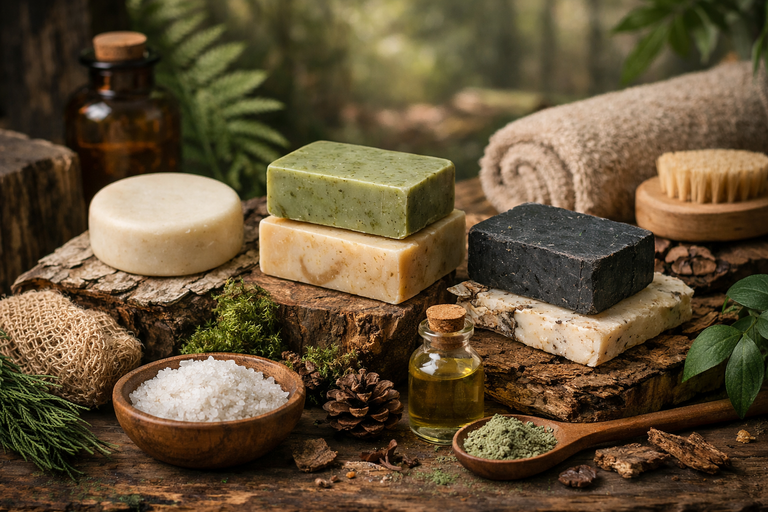 Savons solides naturels artisanaux posés sur bois avec plantes et ingrédients végétaux dans une ambiance forestière premium