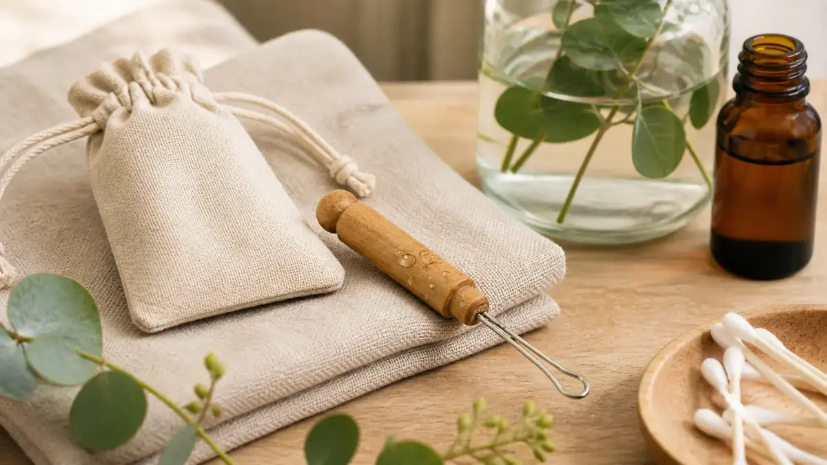 Cure oreille réutilisable avec pochette en tissu, flacon ambré et coton-tiges pour illustrer une alternative durable au coton-tige
