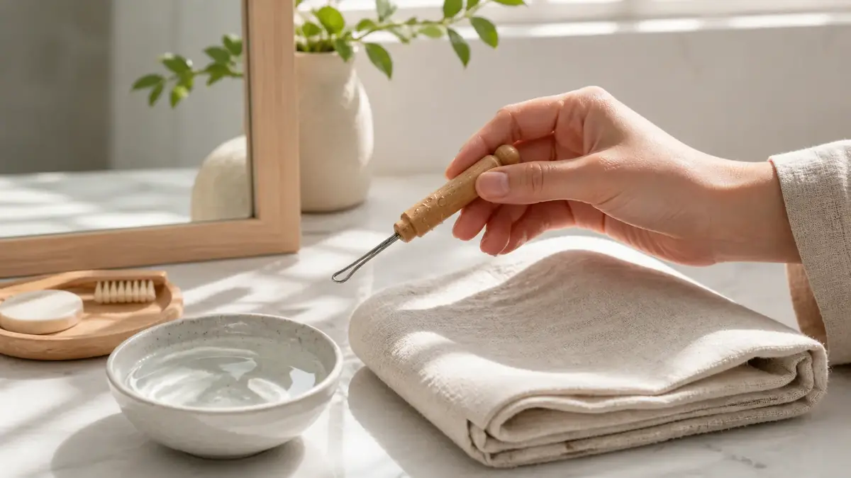 Main tenant un cure oreille réutilisable près d’un linge naturel et d’une coupelle d’eau pour illustrer un geste doux d’hygiène des oreilles
