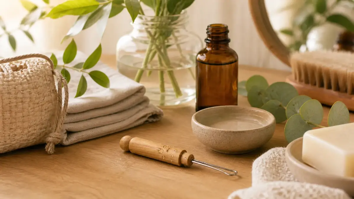 Routine naturelle pour l’hygiène des oreilles avec cure oreille réutilisable, pochette textile, flacon ambré et accessoires doux
