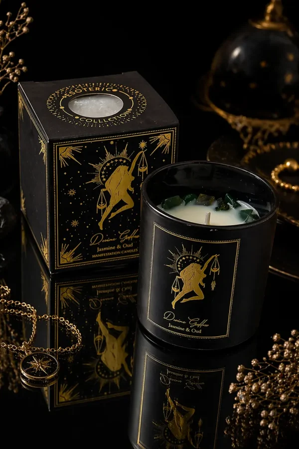Bougie d’intention énergie féminine Divine Goddess au jasmin et à l’oudh avec son coffret noir et doré