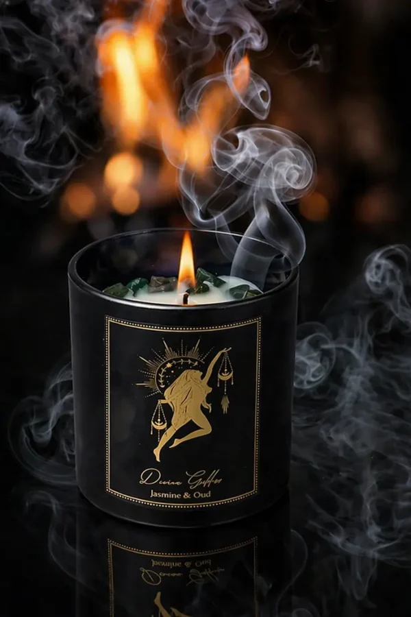 Bougie d’intention Divine Goddess allumée avec volutes de fumée dans une ambiance ésotérique sombre