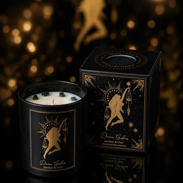 bougie d'intention énergie féminine Divine Goddess jasmin et oudh avec coffret, collier doré et ambiance précieuse