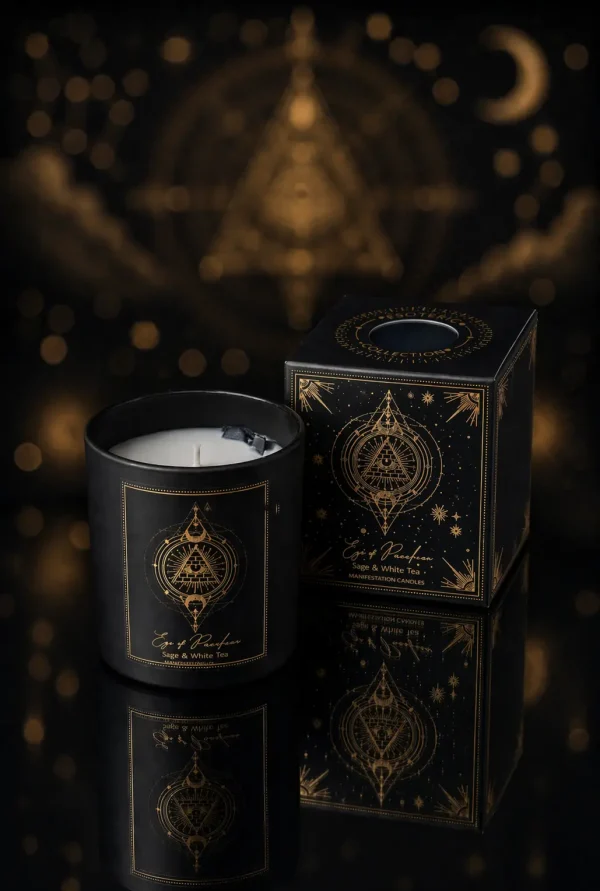 Bougie d’intention Eye of Providence sauge et thé blanc avec coffret noir et doré