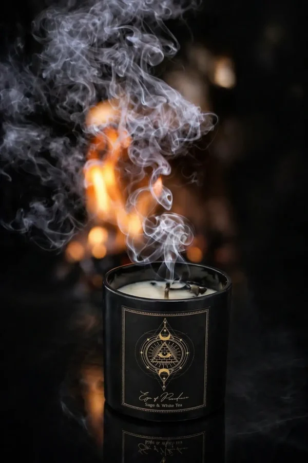Bougie Eye of Providence allumée avec fumée blanche dans une ambiance de purification