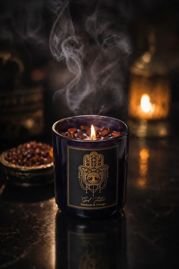 Bougie d’intention Good Fortune allumée dans une ambiance tamisée avec fumée légère