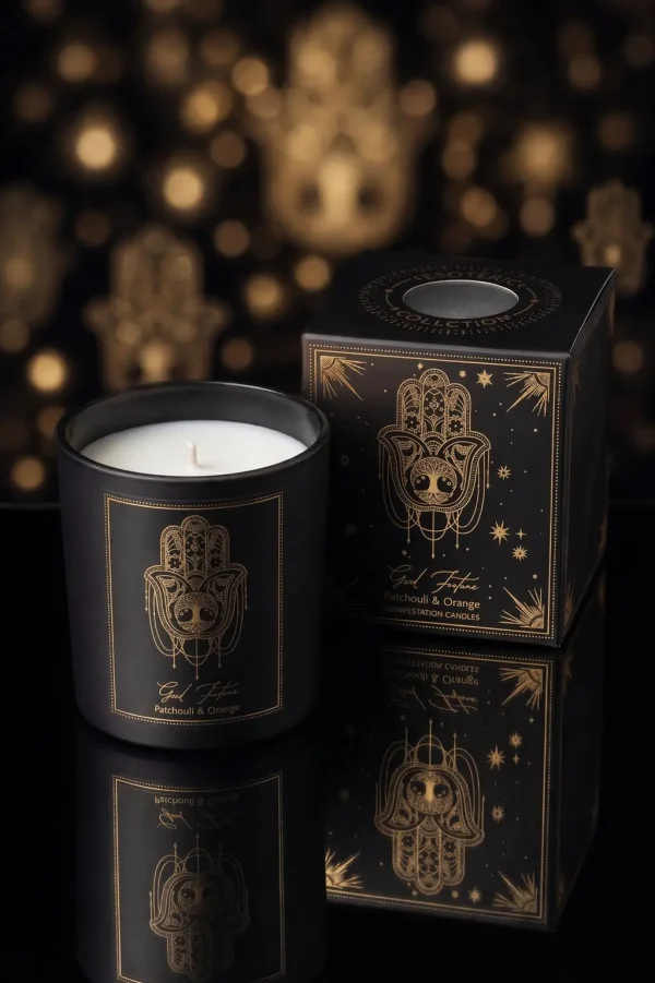 Bougie d’intention Good Fortune patchouli et orange avec coffret noir et doré