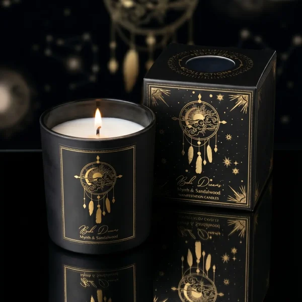 Bougie d’intention Boho Dreams – bois & myrrhe avec coffret Bougie d’intention apaisante Boho Dreams bois et myrrhe avec coffret ésotérique noir et doré