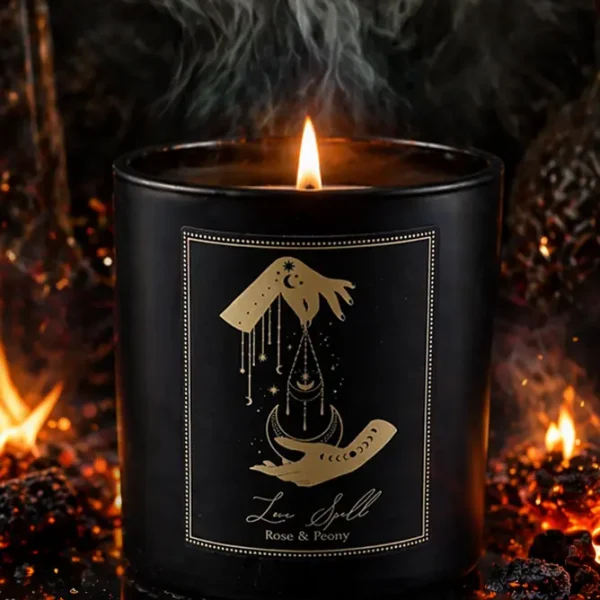 Bougie d’intention amour et douceur Love Spell à la rose et à la pivoine allumée dans une ambiance fumée