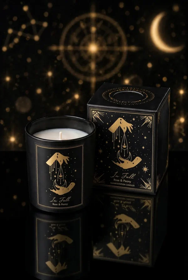 Bougie d’intention Love Spell rose et pivoine avec coffret noir et doré dans un univers céleste