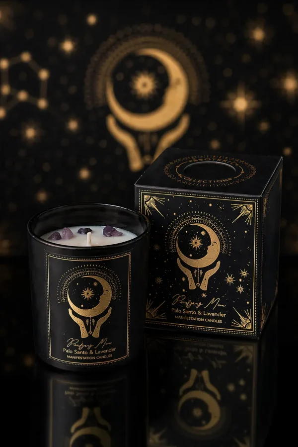 Bougie d’intention Purifying Moon palo santo et lavande avec coffret noir et doré sur fond céleste