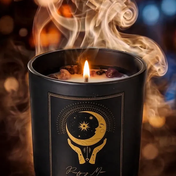 Bougie d’intention rituel lunaire Purifying Moon au palo santo et à la lavande avec fumée