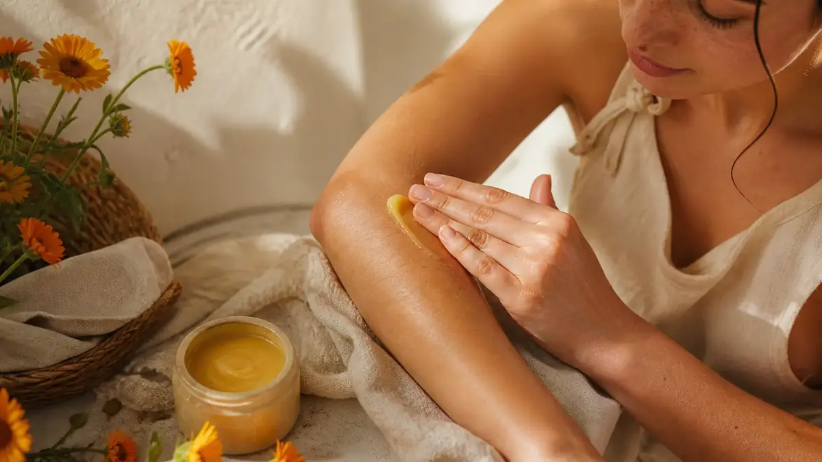 Application d’un soin au calendula sur une zone sèche du bras avec fleurs de souci officinal dans une ambiance douce