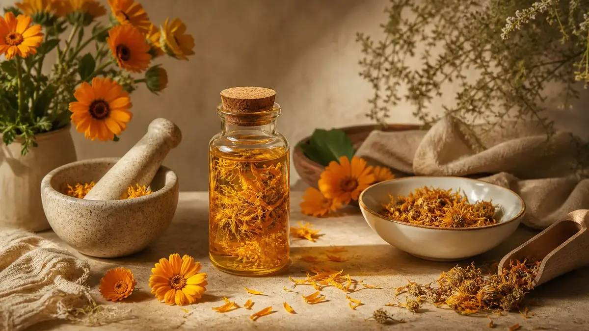 Calendula officinalis avec fleurs séchées, mortier et macérat huileux dans une composition botanique premium