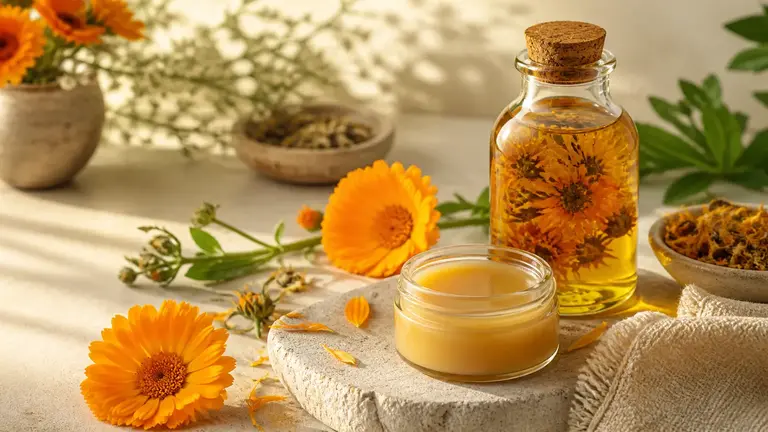 Calendula pour la peau avec fleurs de souci officinal, macérat huileux et baume naturel dans une ambiance lumineuse