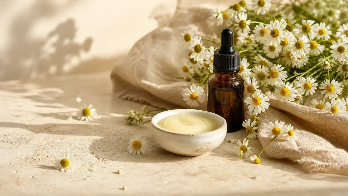 Camomille pour la peau avec fleurs fraîches, flacon ambré et baume naturel pour apaiser les peaux sensibles