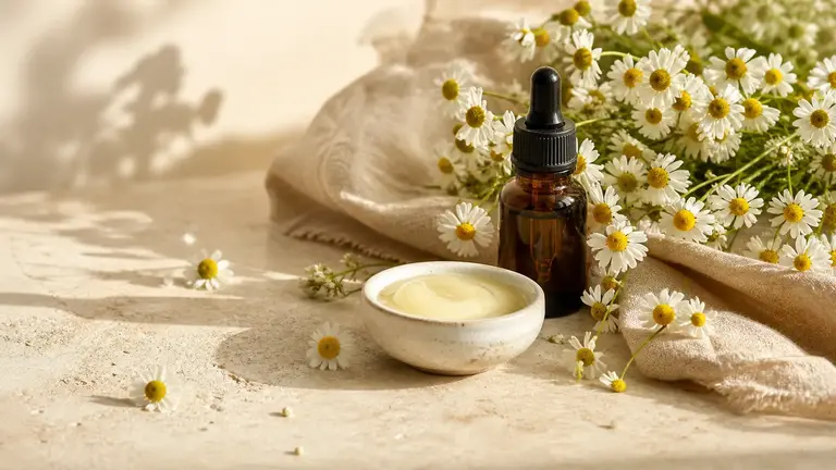 Camomille pour la peau avec fleurs fraîches, flacon ambré et baume naturel pour apaiser les peaux sensibles