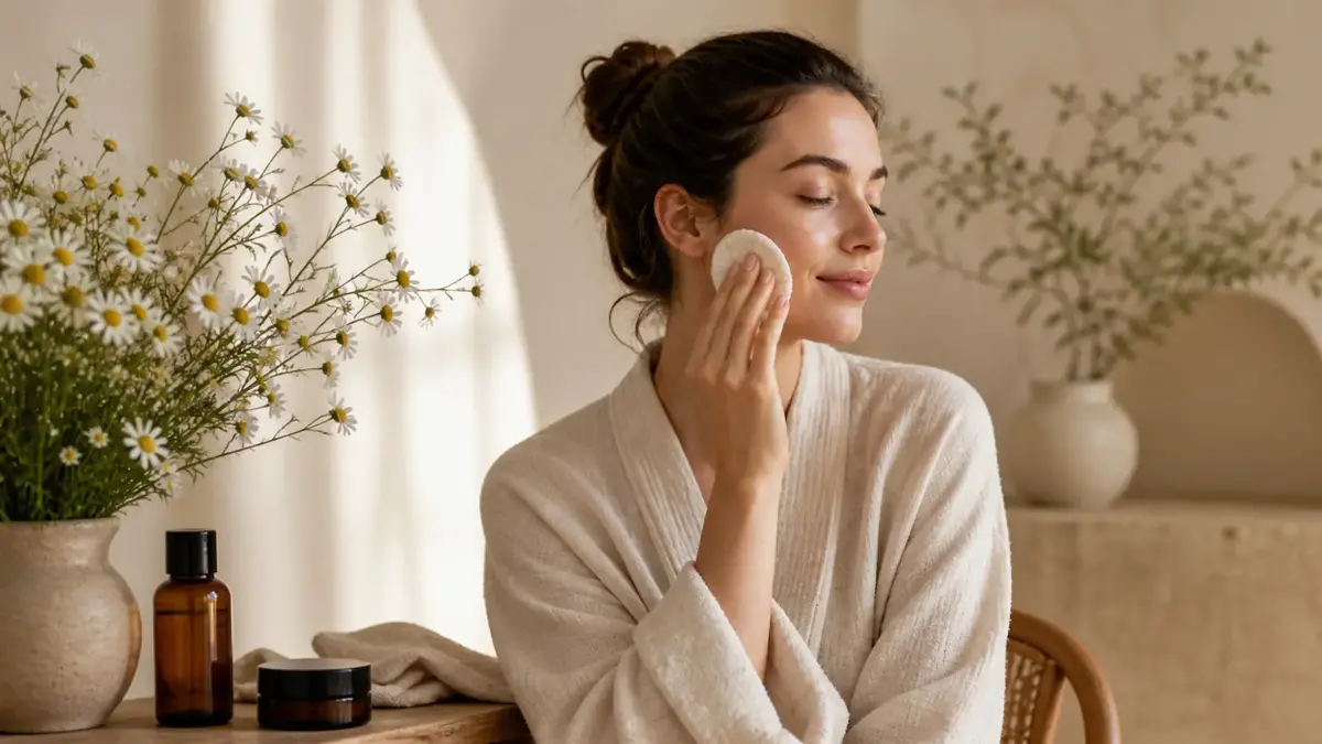 Rituel de soin doux à la camomille avec coton et plante peau sensible dans une routine naturelle apaisante