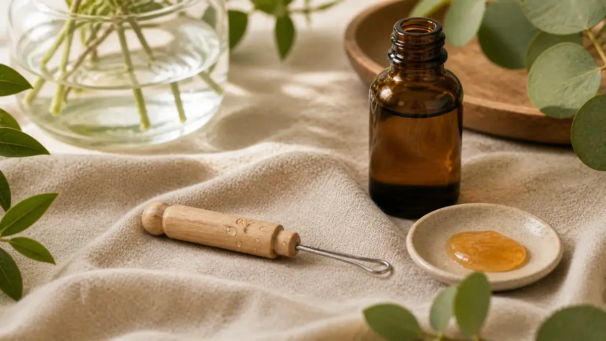 Cure oreille réutilisable, flacon ambré et texture évoquant le cérumen dans une routine naturelle d’hygiène des oreilles
