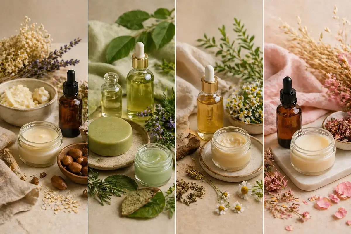 Comparaison de soins naturels pour peau sèche, grasse, mixte et sensible avec huiles végétales et baumes