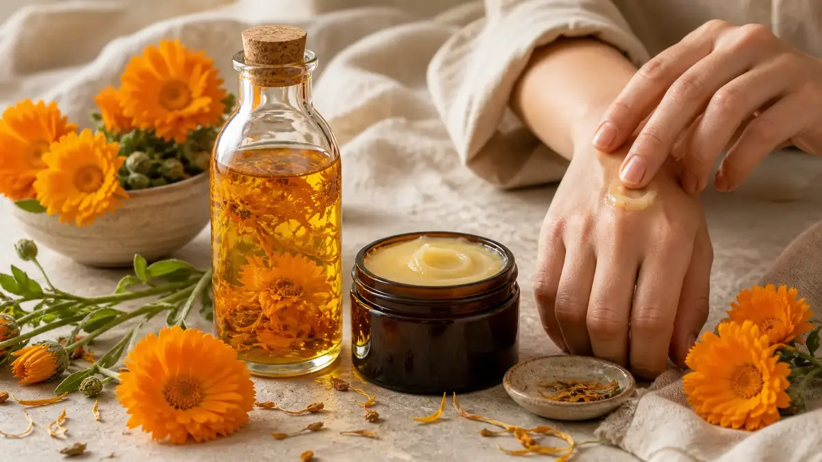 Calendula pour la peau avec macérat huileux, baume naturel et application d’un soin sur la main