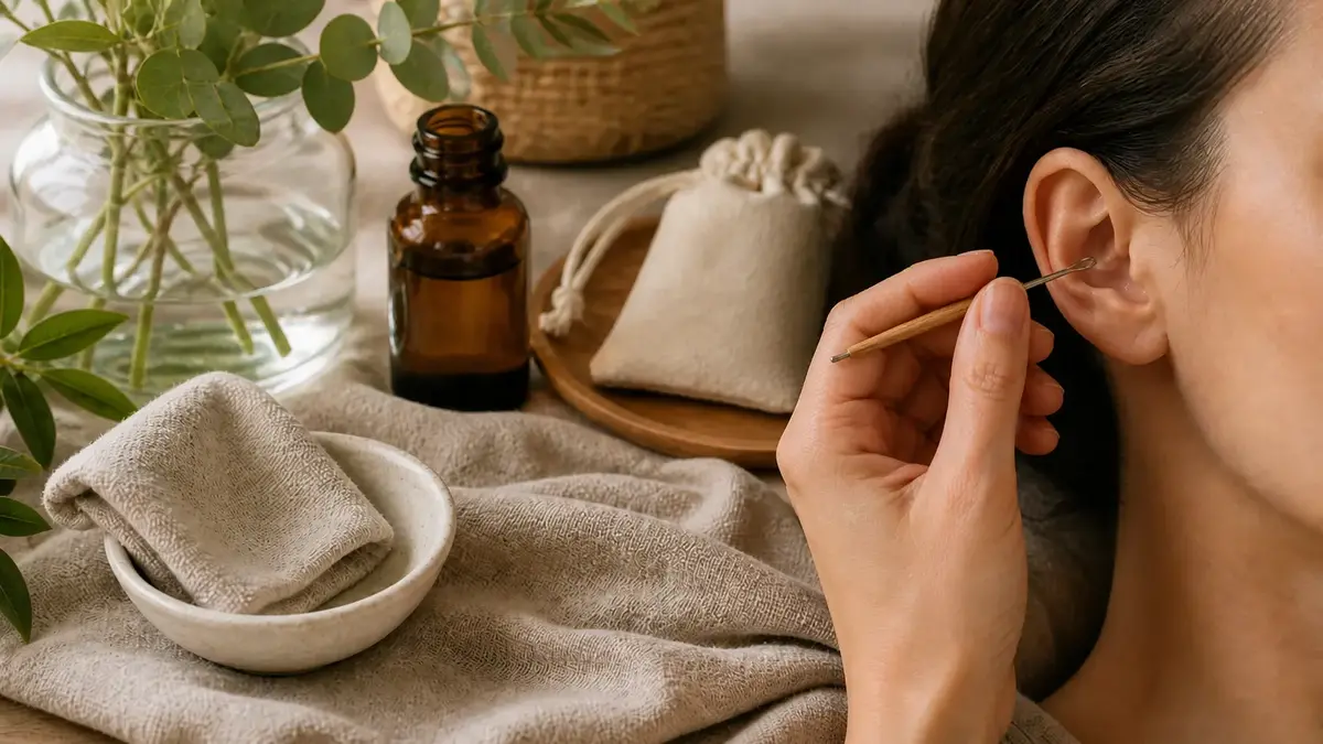 Main utilisant délicatement un cure oreille à l’entrée de l’oreille dans une routine naturelle d’hygiène auriculaire