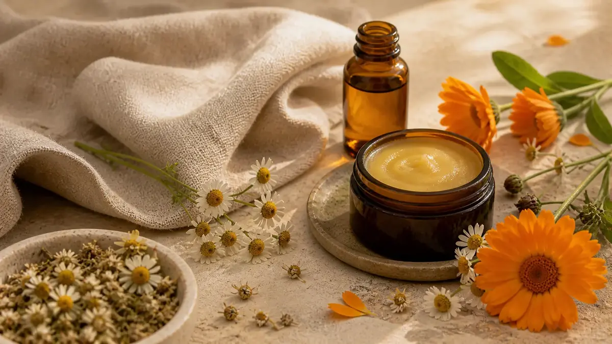 Application d’un soin naturel sur peau sèche avec baume végétal, huile de soin et plantes apaisantes