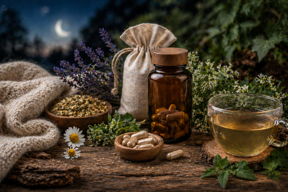 Compléments alimentaires sommeil naturels avec plantes et tisane dans un décor nocturne apaisant