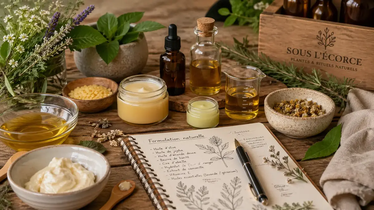 Formulation de cosmétiques naturels avec huiles végétales, baumes, plantes et ingrédients bruts sur table en bois